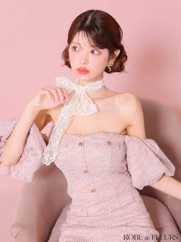 ROBE de FLEURS ローブドフルール ニットツイードオフショルセットアップタイトミニキャバドレス fm3269-c