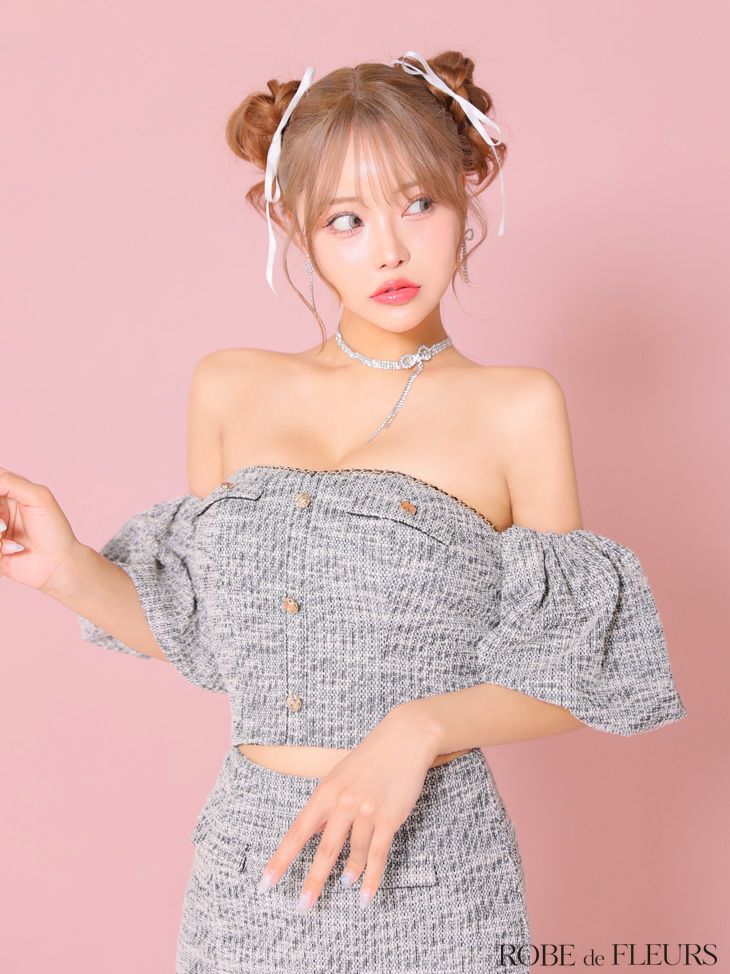 ROBE de FLEURS ローブドフルール ニットツイードオフショルセットアップタイトミニキャバドレス fm3269-c