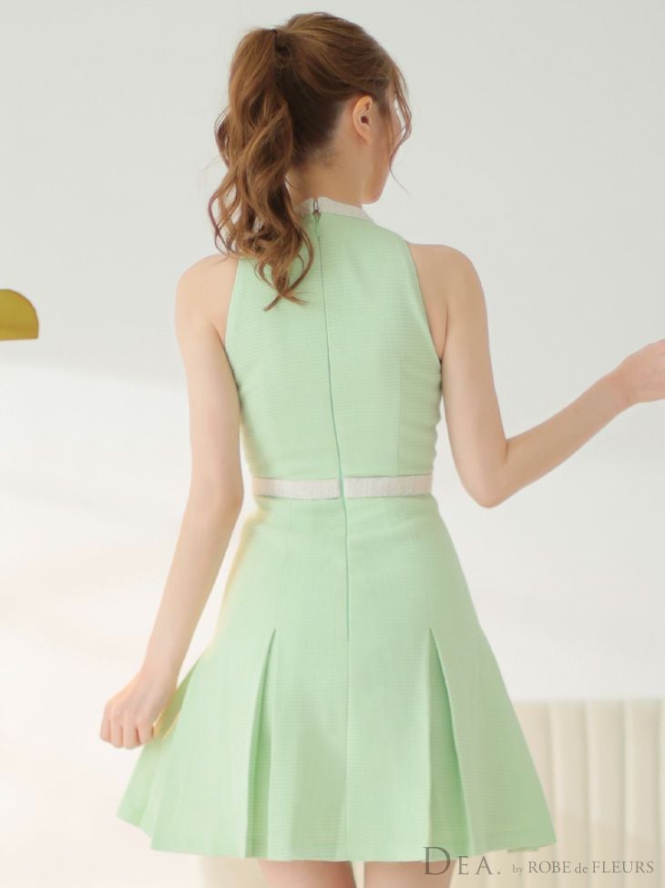  DEA. ディア バイ ローブドフルール ミント スプリングツイード×ホルターミニフレアドレス de3519-1