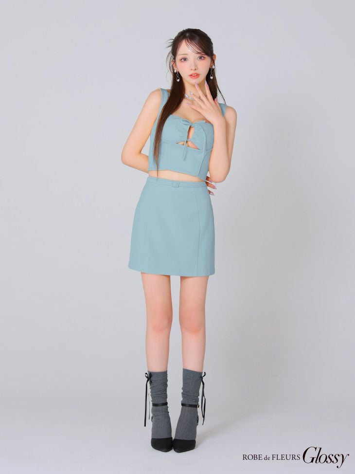 Glossy ローブドフルールグロッシー ブルー バストリボンストレッチワッフルセットアップミニキャバドレス gl3589-1