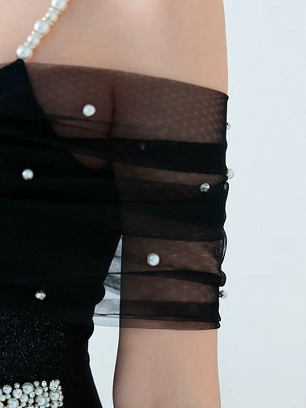 AngelR エンジェルアール オフショルダーレースパールビジュータイトマイクロミニドレス ブラック ar25206-3