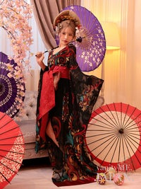 【2点セット】 漆黒花魁 花魁コスチューム モダン柄 遊女 和柄 本格和装 着物 花魁ドレス vcsot-241117-1