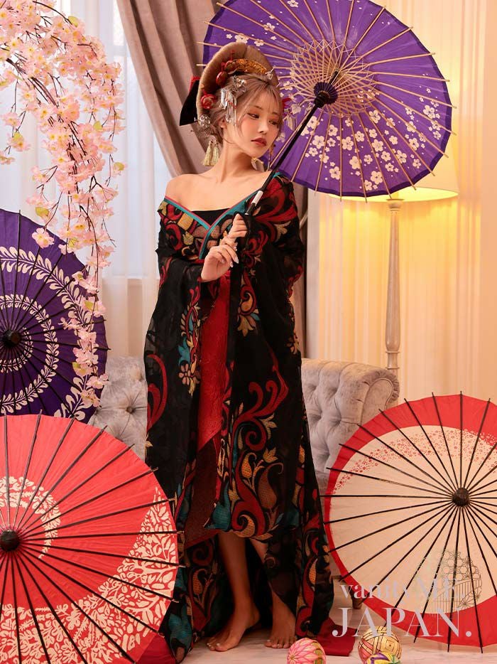 【2点セット】 漆黒花魁 花魁コスチューム モダン柄 遊女 和柄 本格和装 着物 花魁ドレス vcsot-241117-1