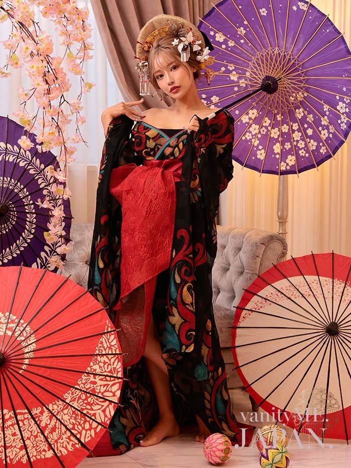 【2点セット】 漆黒花魁 花魁コスチューム モダン柄 遊女 和柄 本格和装 着物 花魁ドレス vcsot-241117-1