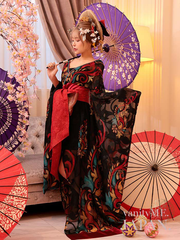 2点セット】 漆黒花魁 花魁コスチューム モダン柄 遊女 和柄 本格和装
