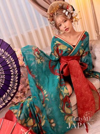 【2点セット】 翠色花魁 花魁コスチューム モダン柄 遊女 和柄 本格和装 着物 花魁ドレス vcsot-241117-2