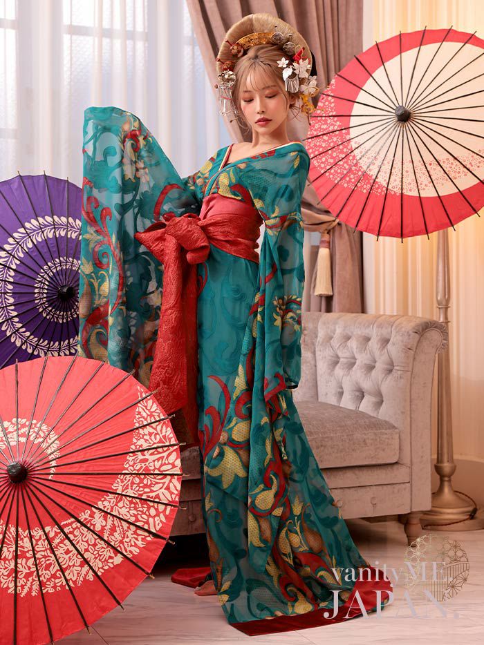 2点セット】 翠色花魁 花魁コスチューム モダン柄 遊女 和柄 本格和装