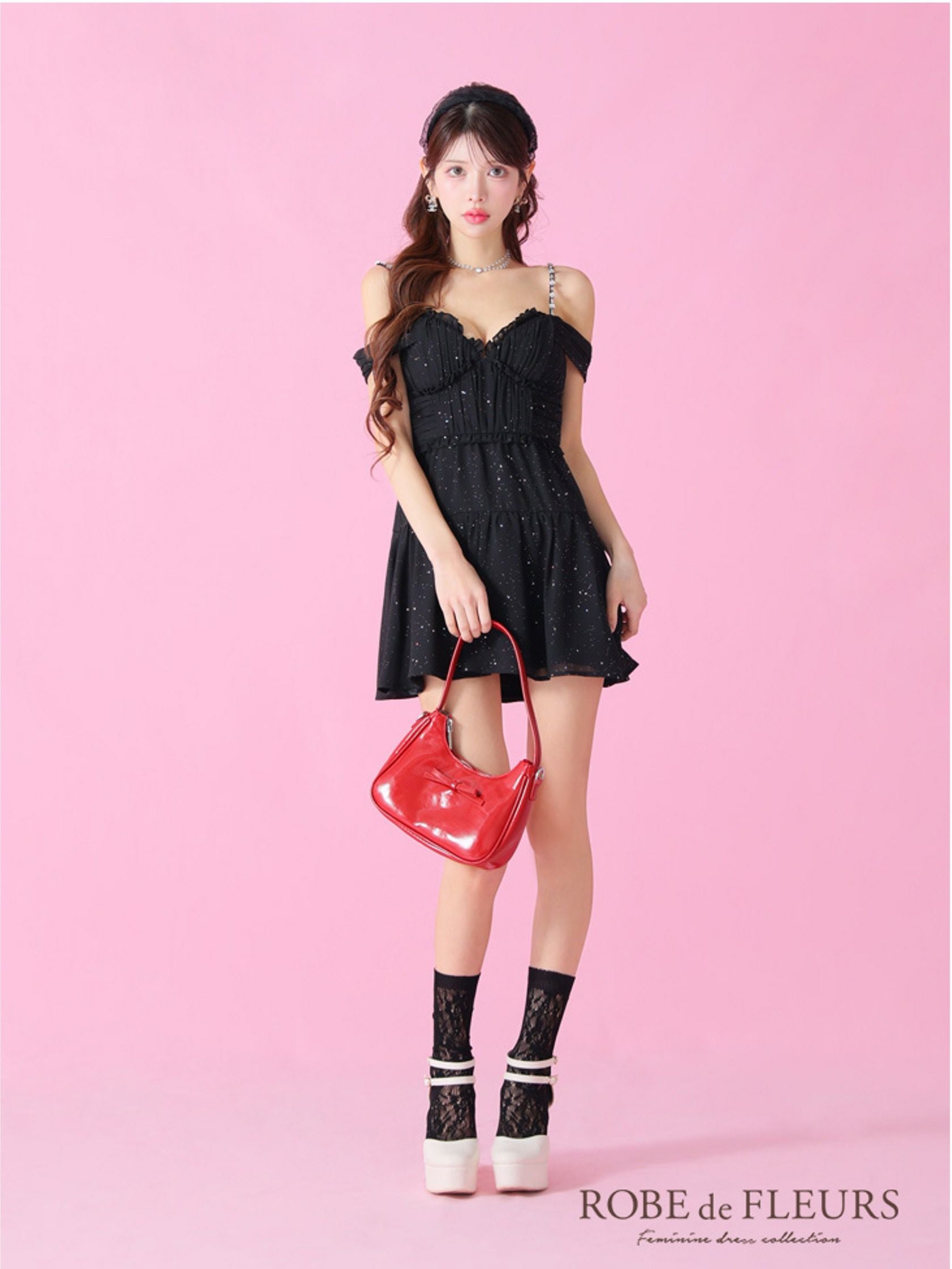 ROBE de FLEURS ローブドフルール 2way オフショルラメシフォンキャミ