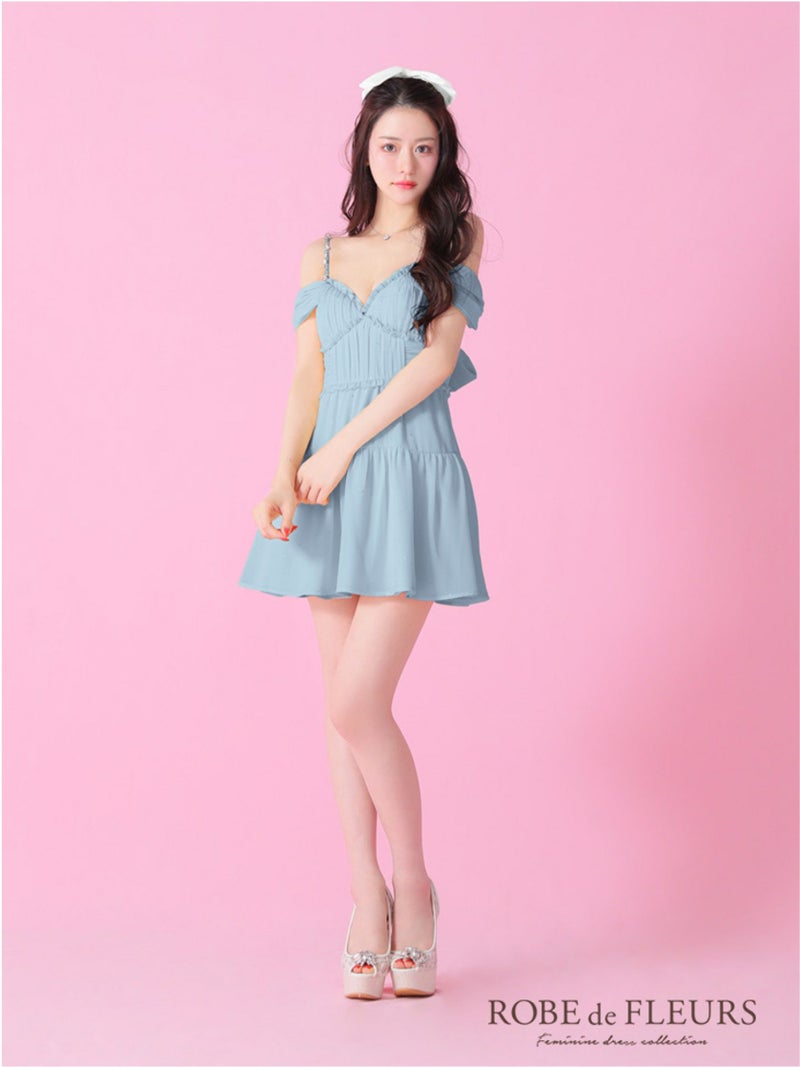 ROBE de FLEURS ローブドフルール 2way オフショルラメシフォンキャミフレアミニキャバドレス fm3381-c