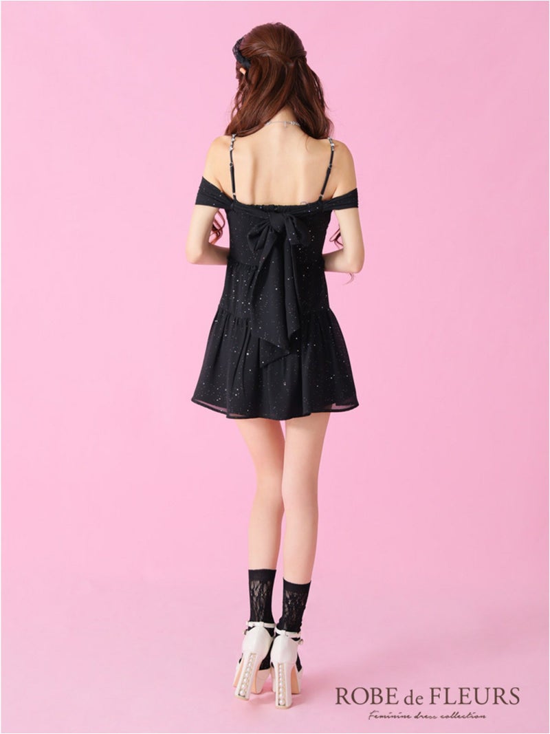 ROBE de FLEURS ローブドフルール 2way オフショルラメシフォンキャミフレアミニキャバドレス fm3381-c