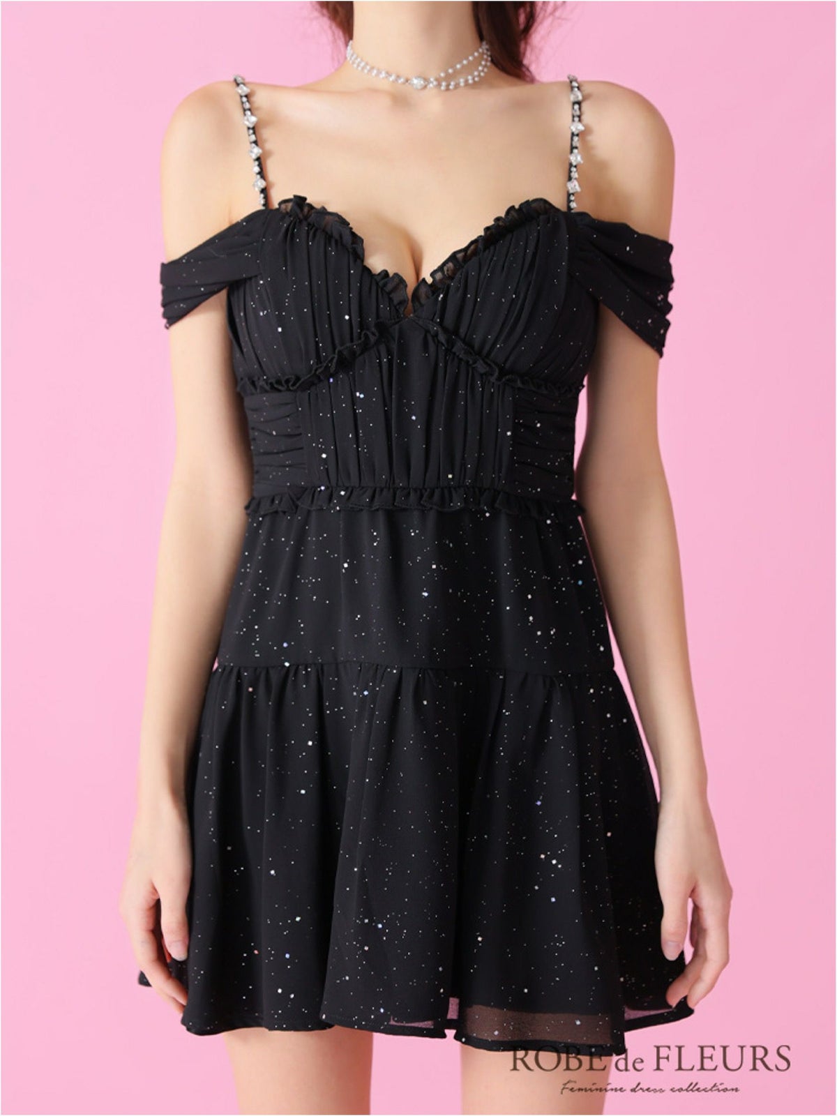 ROBE de FLEURS ローブドフルール 2way オフショルラメシフォンキャミフレアミニキャバドレス fm3381-c