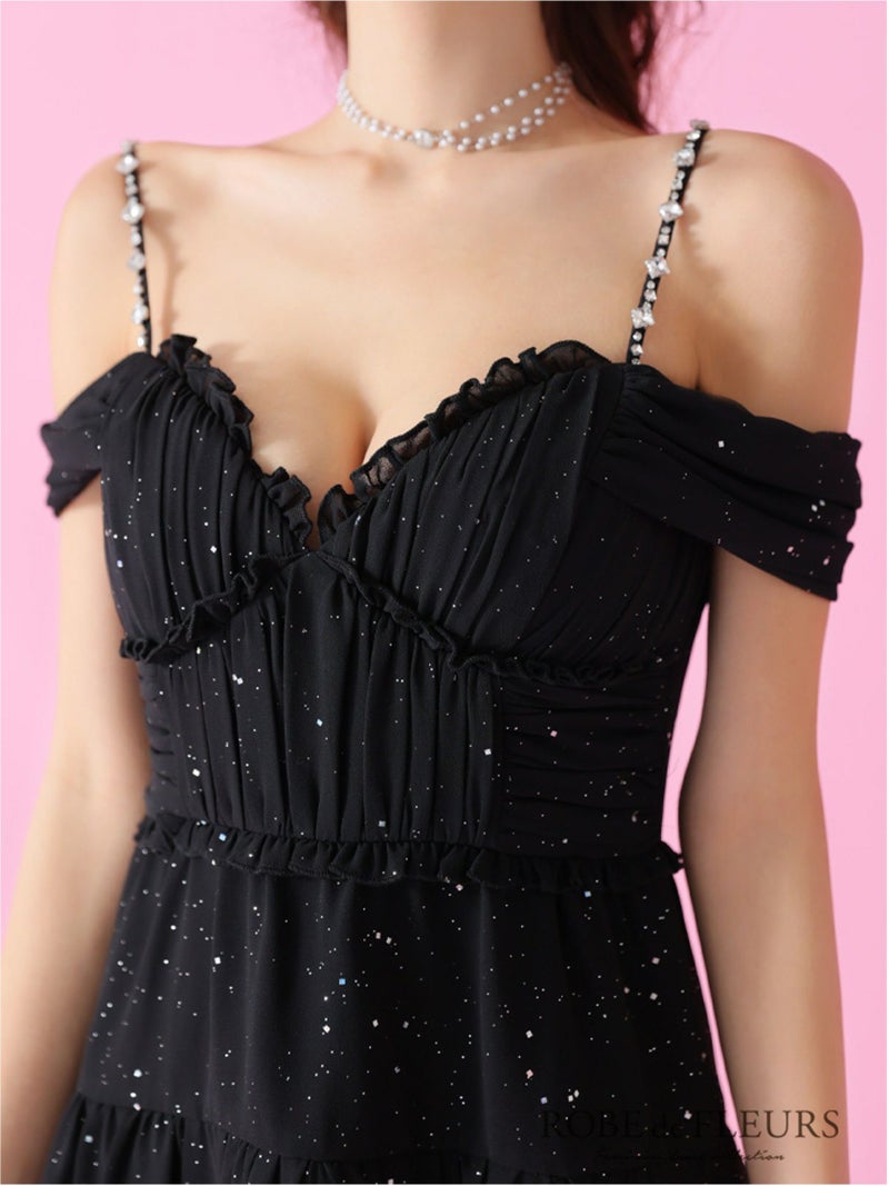 ROBE de FLEURS ローブドフルール 2way オフショルラメシフォンキャミフレアミニキャバドレス fm3381-c