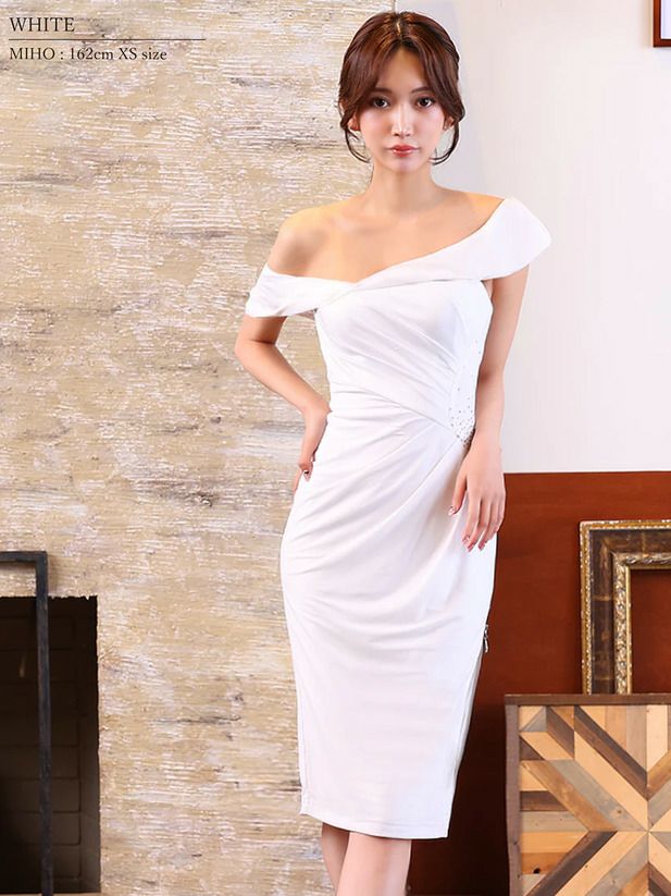 Veautt ヴュート ワンショルダータックビジューファスナータイトミディアムドレス ロイヤルブルー vt082505-1