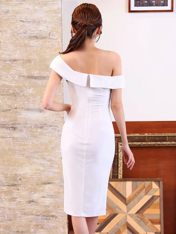 Veautt ヴュート ワンショルダータックビジューファスナータイトミディアムドレス ロイヤルブルー vt082505-1