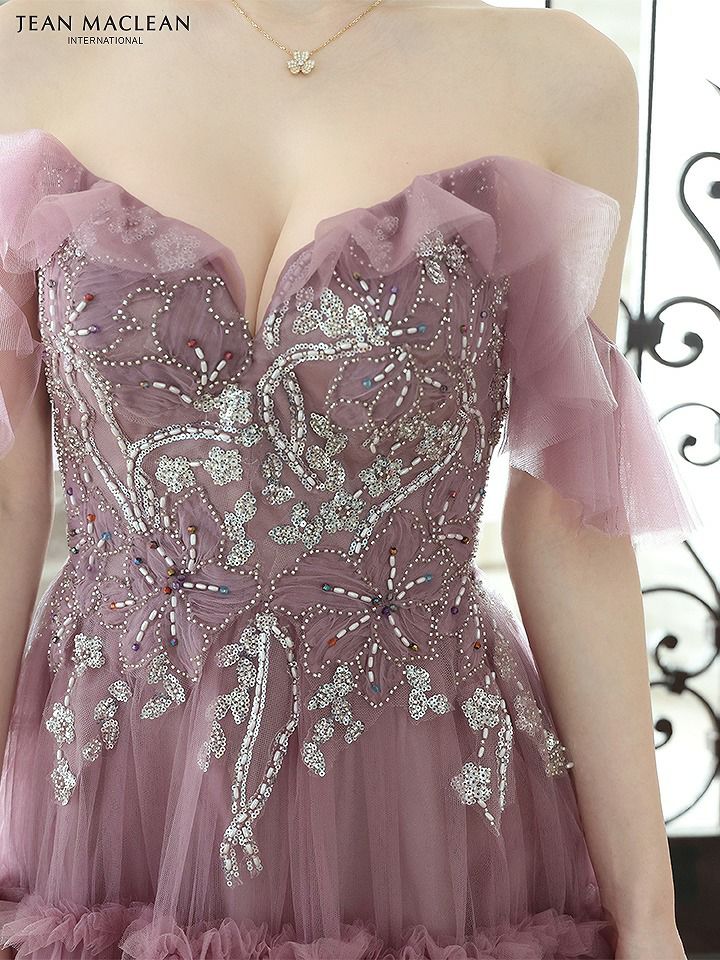 JEAN MACLEAN ジャンマクレーン オフショル/ビーズ刺繍/3段フリルチュール/姫/ロングドレス モーヴピンク ja51805-1