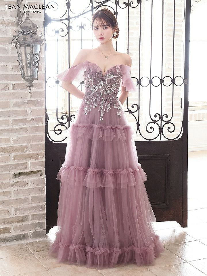 JEAN MACLEAN ジャンマクレーン オフショル/ビーズ刺繍/3段フリルチュール/姫/ロングドレス ブルー ja51805-2