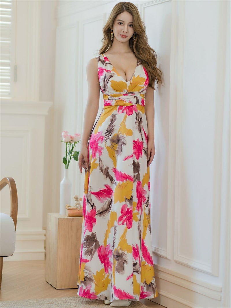 ERUKEI エルケイ ホワイト×ピンク プリント・ペイント柄・サテン・ノースリーブ・Vネック・Aライン・ロングドレス ek-e35014-1