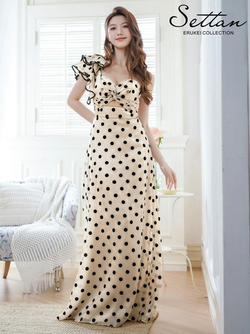 ERUKEI エルケイ ベージュ×ブラック ワンショルダー・ドット・フリル・カットアウト・スピンドル・シンプル・フリル・Aライン・ロングドレス ek-s36201-1