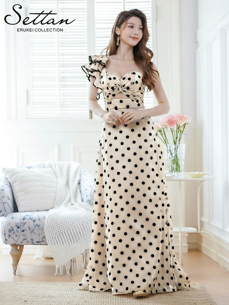 ERUKEI エルケイ ベージュ×ブラック ワンショルダー・ドット・フリル・カットアウト・スピンドル・シンプル・フリル・Aライン・ロングドレス ek-s36201-1