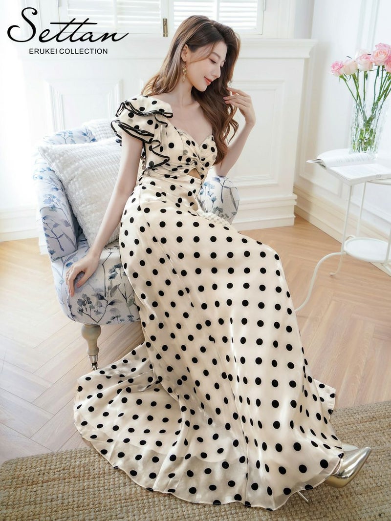 ERUKEI エルケイ ベージュ×ブラック ワンショルダー・ドット・フリル・カットアウト・スピンドル・シンプル・フリル・Aライン・ロングドレス ek-s36201-1