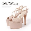 Blue Butterfly ブルーバタフライ コメックス ハイヒール 厚底 ピンヒール プラットフォーム ヒール15cm エナメル オープントゥ クロスストラップ パンプス サンダル ピンクベージュ bl9009