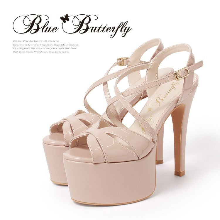 Blue Butterfly ブルーバタフライ コメックス ハイヒール 厚底 ピンヒール プラットフォーム ヒール15cm エナメル オープントゥ クロスストラップ パンプス サンダル ピンクベージュ bl9009