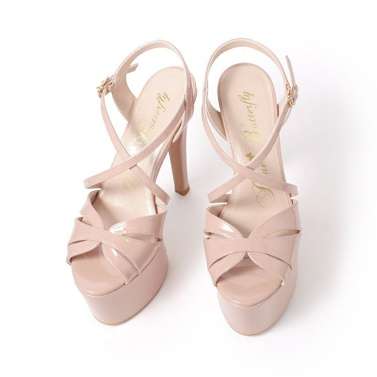 Blue Butterfly ブルーバタフライ コメックス ハイヒール 厚底 ピンヒール プラットフォーム ヒール15cm エナメル オープントゥ クロスストラップ パンプス サンダル ピンクベージュ bl9009