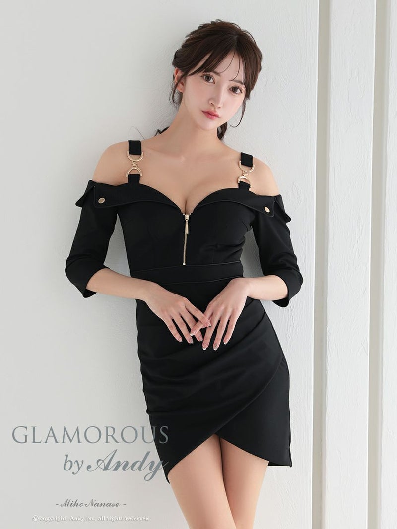GLAMOROUS ブラック ワンカラー オフショル ショルダーバックルデザイン 五分袖 アシンメトリー タイト ミニドレス gms-v857-2