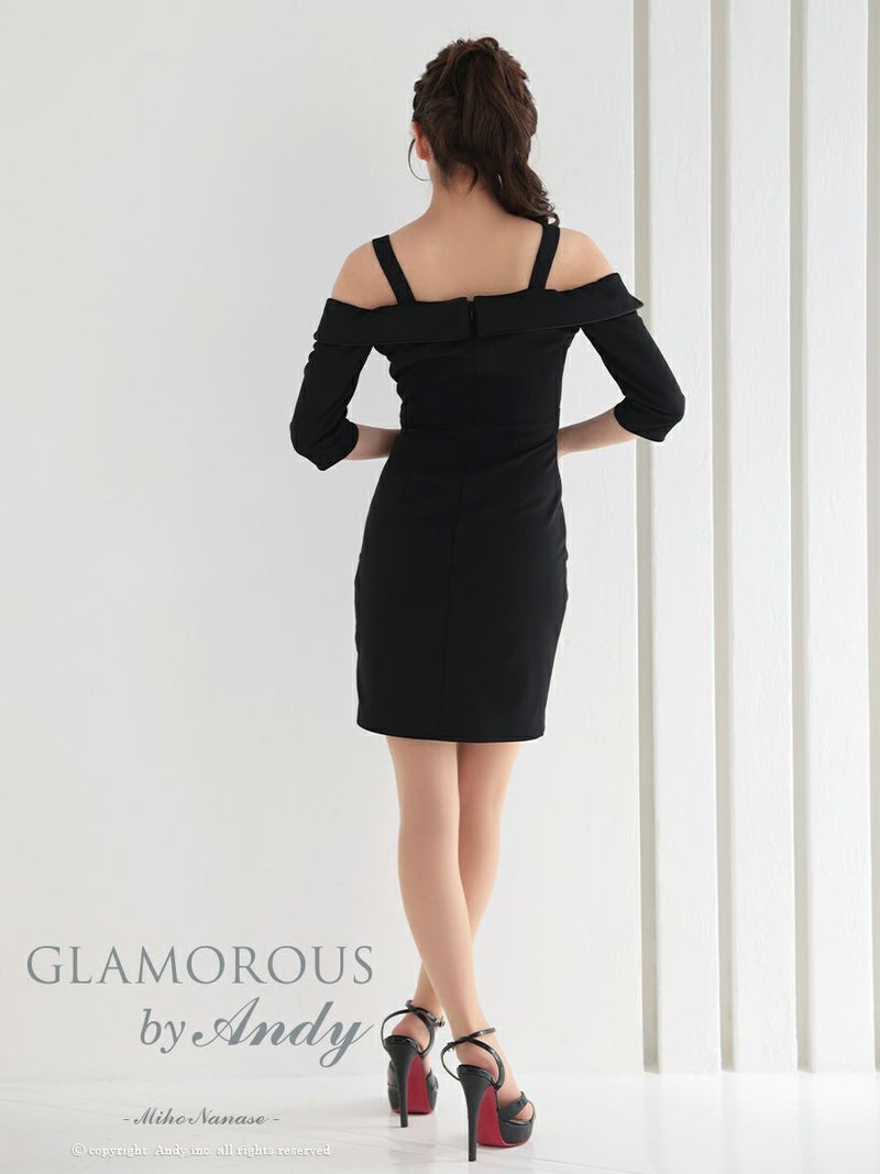 GLAMOROUS ブラック ワンカラー オフショル ショルダーバックルデザイン 五分袖 アシンメトリー タイト ミニドレス gms-v857-2
