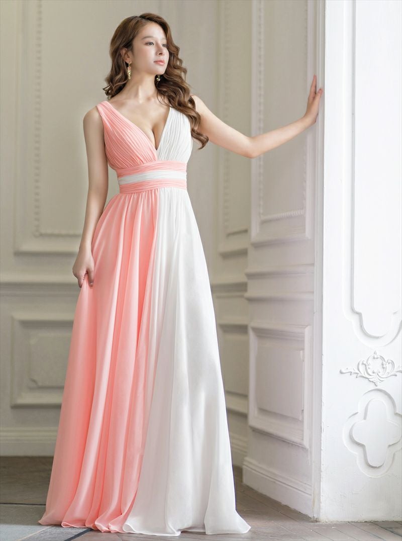 ERUKEI エルケイ ピンク×ホワイト バイカラー・シフォン・ハイウエスト・シフォン・Aライン・ロングドレス ek-s34101-1