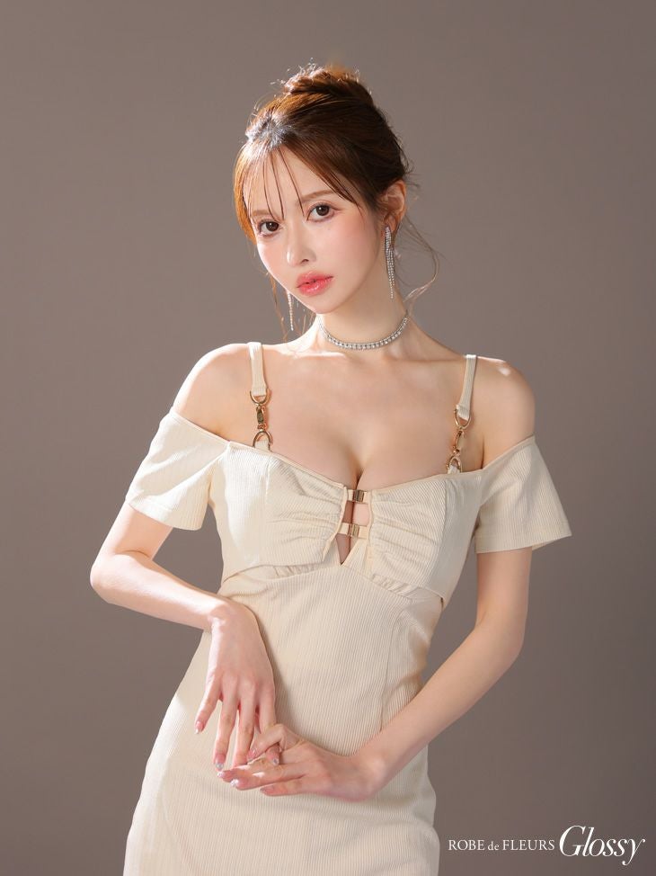 Glossy ローブドフルールグロッシー アイボリー 2wayボレロ付きシンプルリブタイトキャミキャバドレス gl3906-3