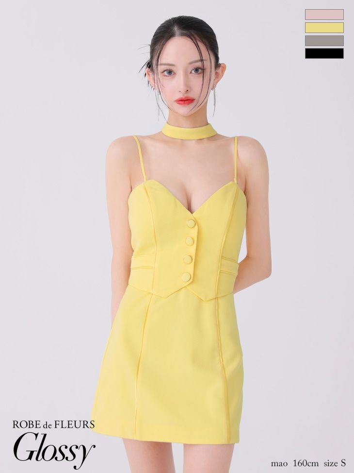 Glossy ローブドフルールグロッシー ピンクベージュ チョーカーデザインフロントボタンタイトキャバドレス gl3921-2