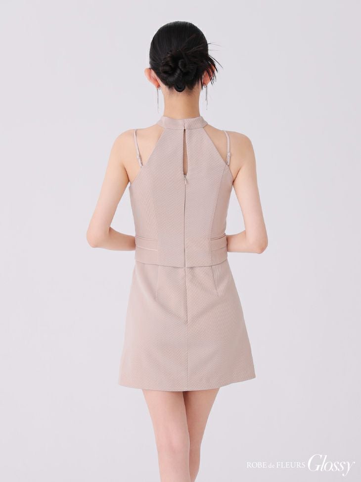 Glossy ローブドフルールグロッシー ピンクベージュ チョーカーデザインフロントボタンタイトキャバドレス gl3921-2