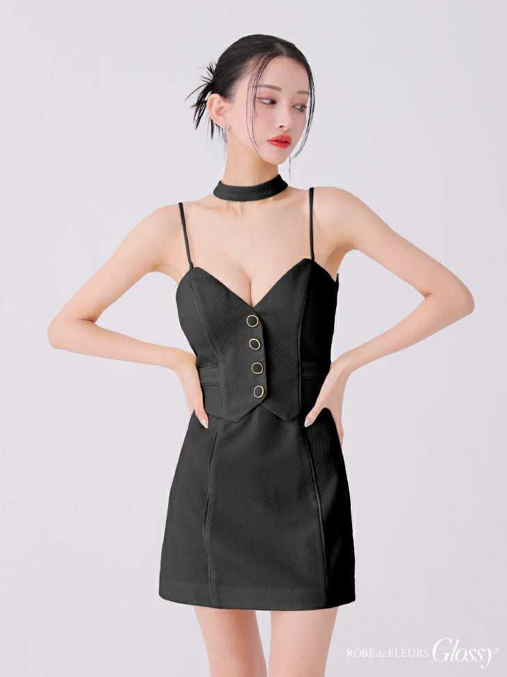 Glossy ローブドフルールグロッシー ブラック チョーカーデザインフロントボタンタイトキャバドレス gl3921-4