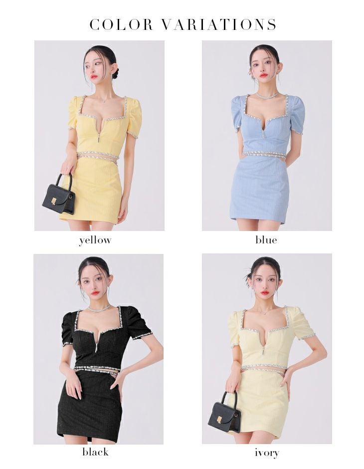 Glossy ローブドフルールグロッシー イエロー ビジューリブニットウエストシアータイトキャバドレス gl3922-1