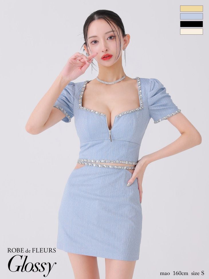 Glossy ローブドフルールグロッシー ブラック ビジューリブニットウエストシアータイトキャバドレス gl3922-3