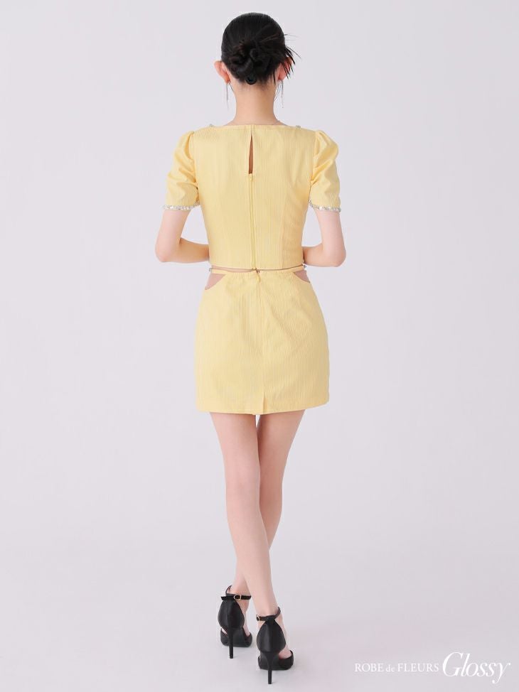 Glossy ローブドフルールグロッシー ブラック ビジューリブニットウエストシアータイトキャバドレス gl3922-3