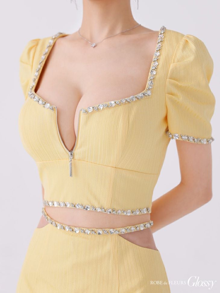 Glossy ローブドフルールグロッシー ブラック ビジューリブニットウエストシアータイトキャバドレス gl3922-3