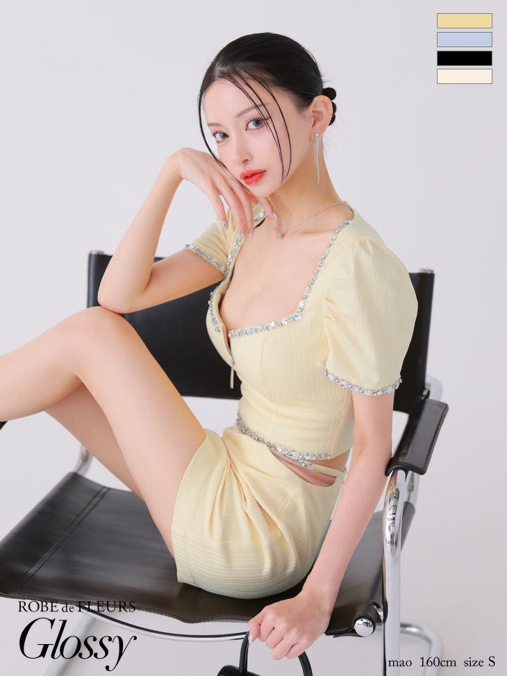 Glossy ローブドフルールグロッシー アイボリー ビジューリブニットウエストシアータイトキャバドレス gl3922-4