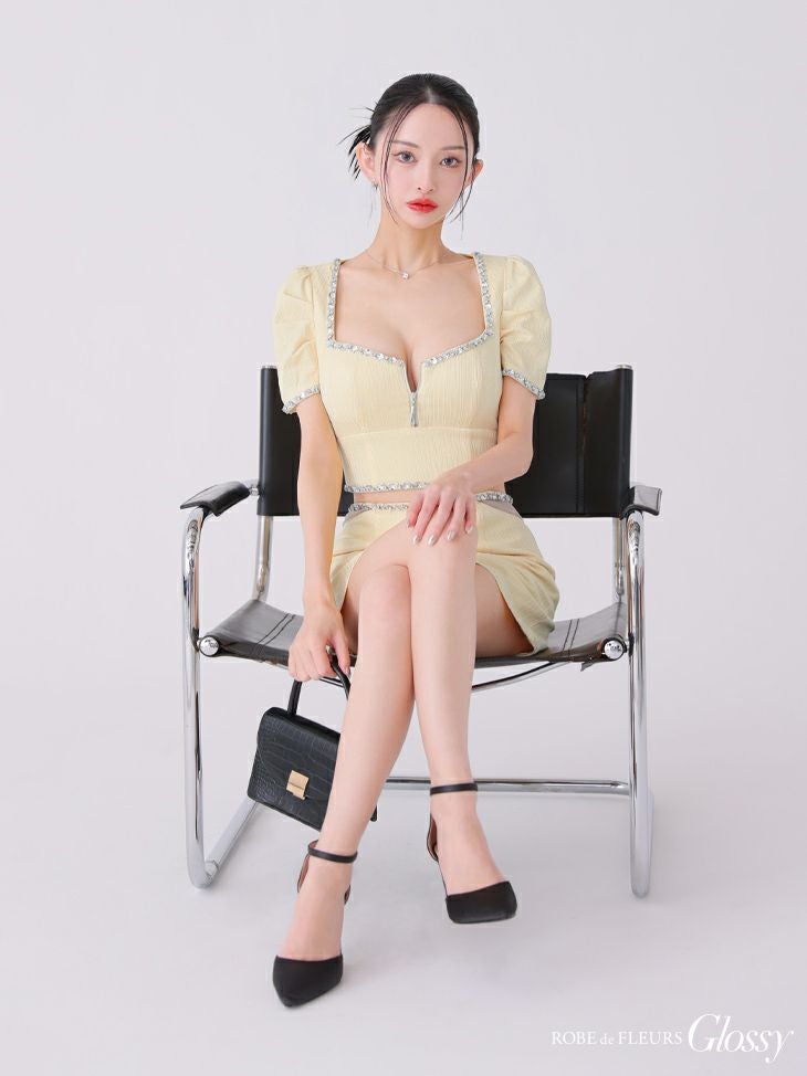 Glossy ローブドフルールグロッシー アイボリー ビジューリブニットウエストシアータイトキャバドレス gl3922-4