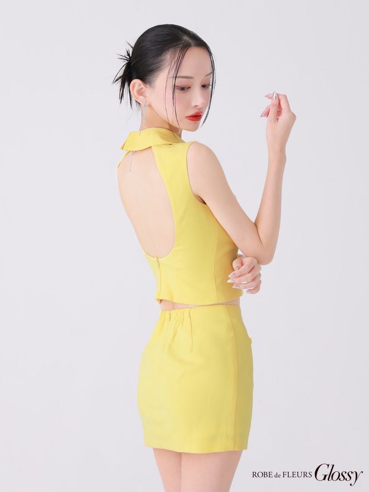 Glossy ローブドフルールグロッシー イエロー バックオープンフロントジップタイトセットアップミニキャバドレス gl3925-1