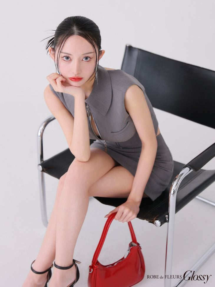 Glossy ローブドフルールグロッシー グレー バックオープンフロントジップタイトセットアップミニキャバドレス gl3925-2