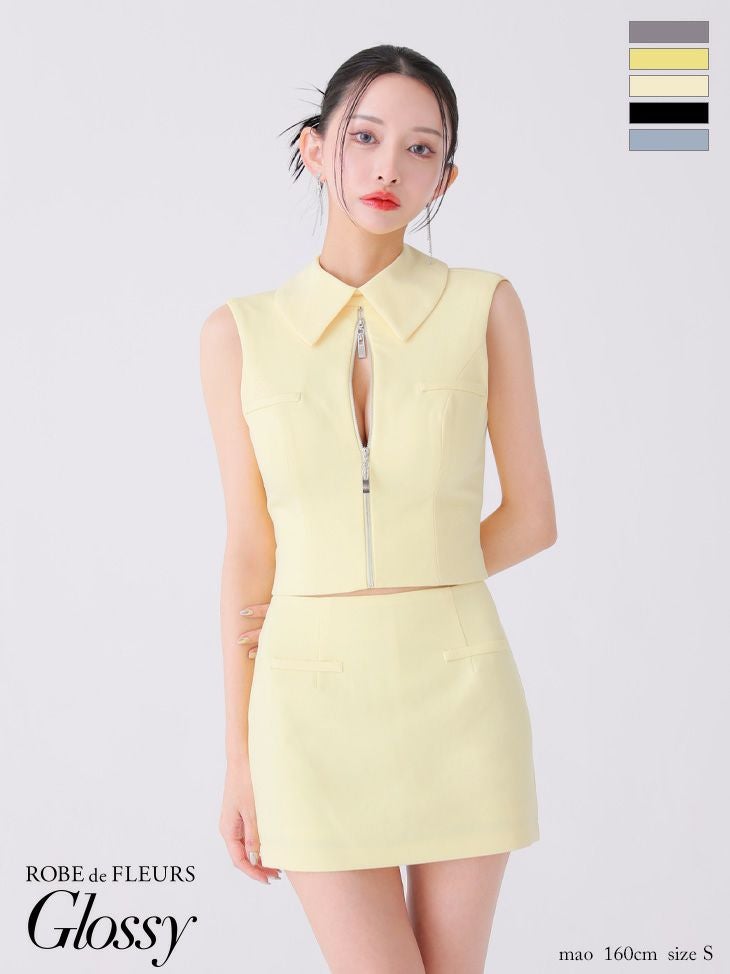 Glossy ローブドフルールグロッシー アイボリー バックオープンフロントジップタイトセットアップミニキャバドレス gl3925-3