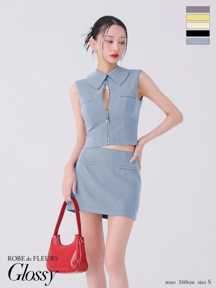 Glossy ローブドフルールグロッシー ブラック バックオープンフロントジップタイトセットアップミニキャバドレス gl3925-4