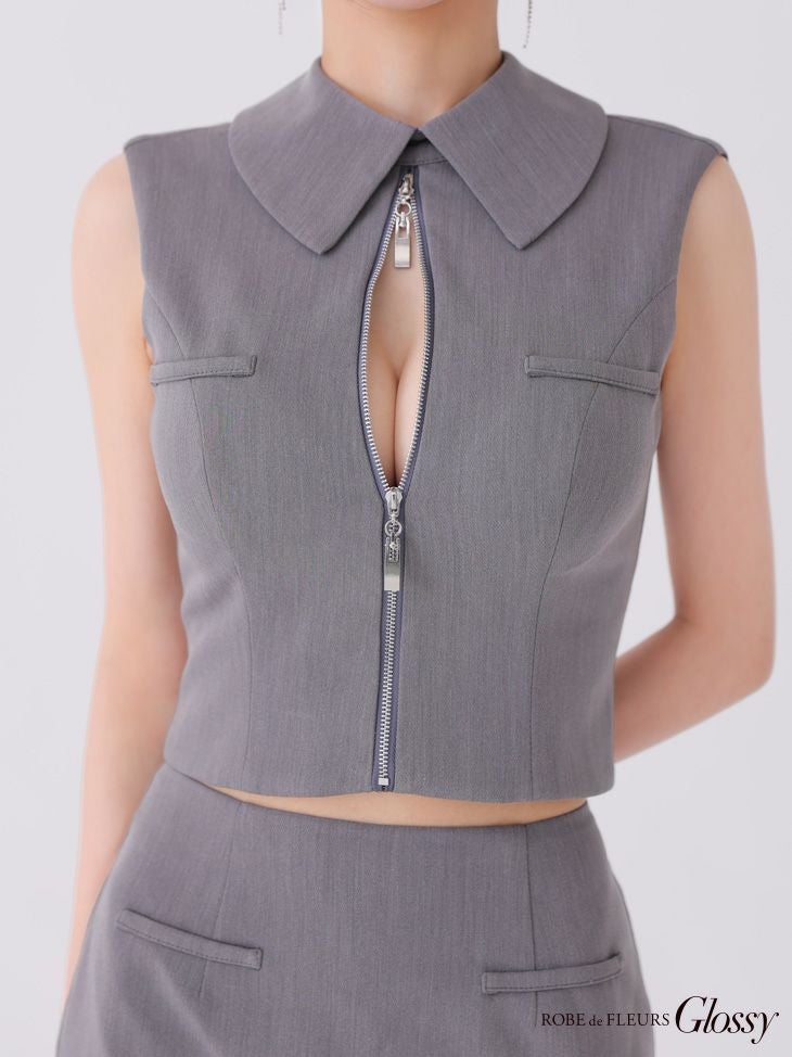 Glossy ローブドフルールグロッシー ブラック バックオープンフロントジップタイトセットアップミニキャバドレス gl3925-4