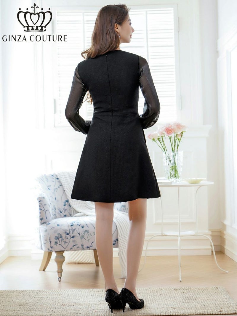 ERUKEI エルケイ ビジューボタン・シアー・ラメ糸・ポケット・切替・長袖・Aライン・ミニドレス・ワンピース ek-c24181-1