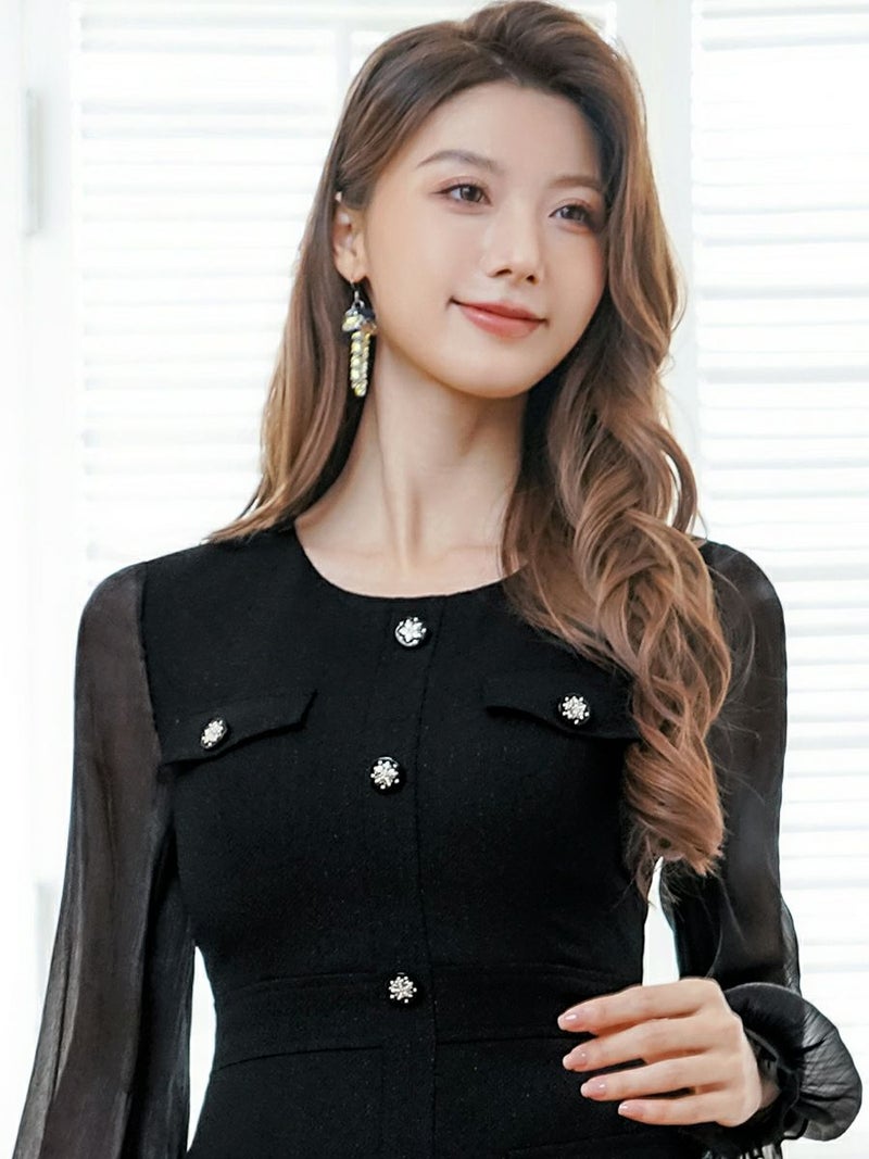 ERUKEI エルケイ ビジューボタン・シアー・ラメ糸・ポケット・切替・長袖・Aライン・ミニドレス・ワンピース ek-c24181-1