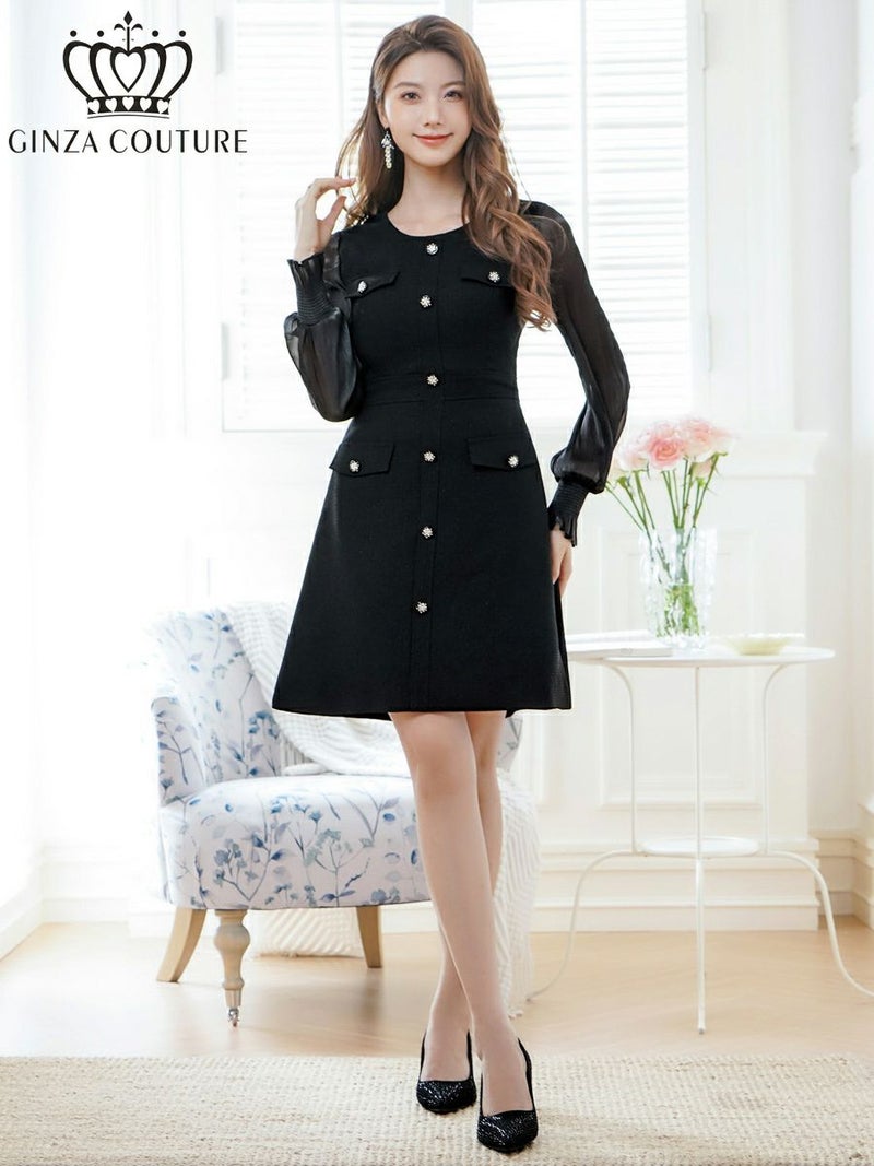 ERUKEI エルケイ ビジューボタン・シアー・ラメ糸・ポケット・切替・長袖・Aライン・ミニドレス・ワンピース ek-c24181-1