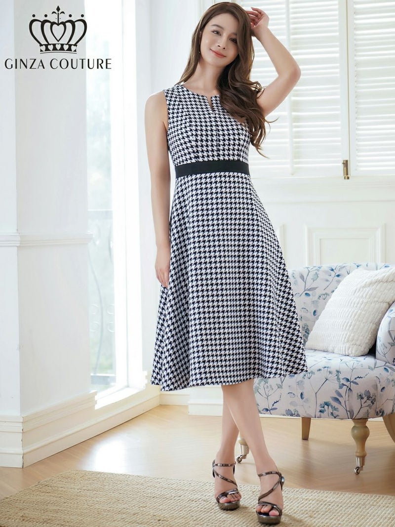 ERUKEI エルケイ ホワイト×ブラック 千鳥格子・チェック・ツイード・ノースリーブ・Aライン・ミディアムドレス・ワンピース ek-c24171-1