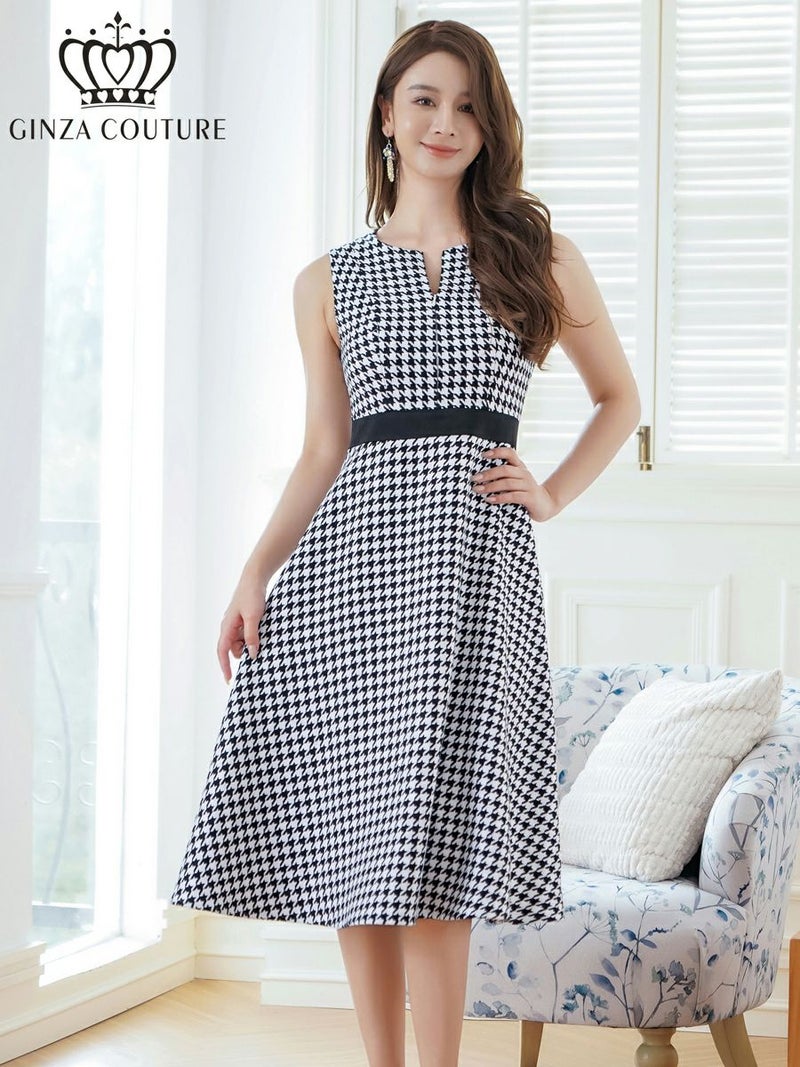 ERUKEI エルケイ ホワイト×ブラック 千鳥格子・チェック・ツイード・ノースリーブ・Aライン・ミディアムドレス・ワンピース ek-c24171-1